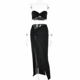 Slit knotted solid sweetheart neck tube midi skirt set